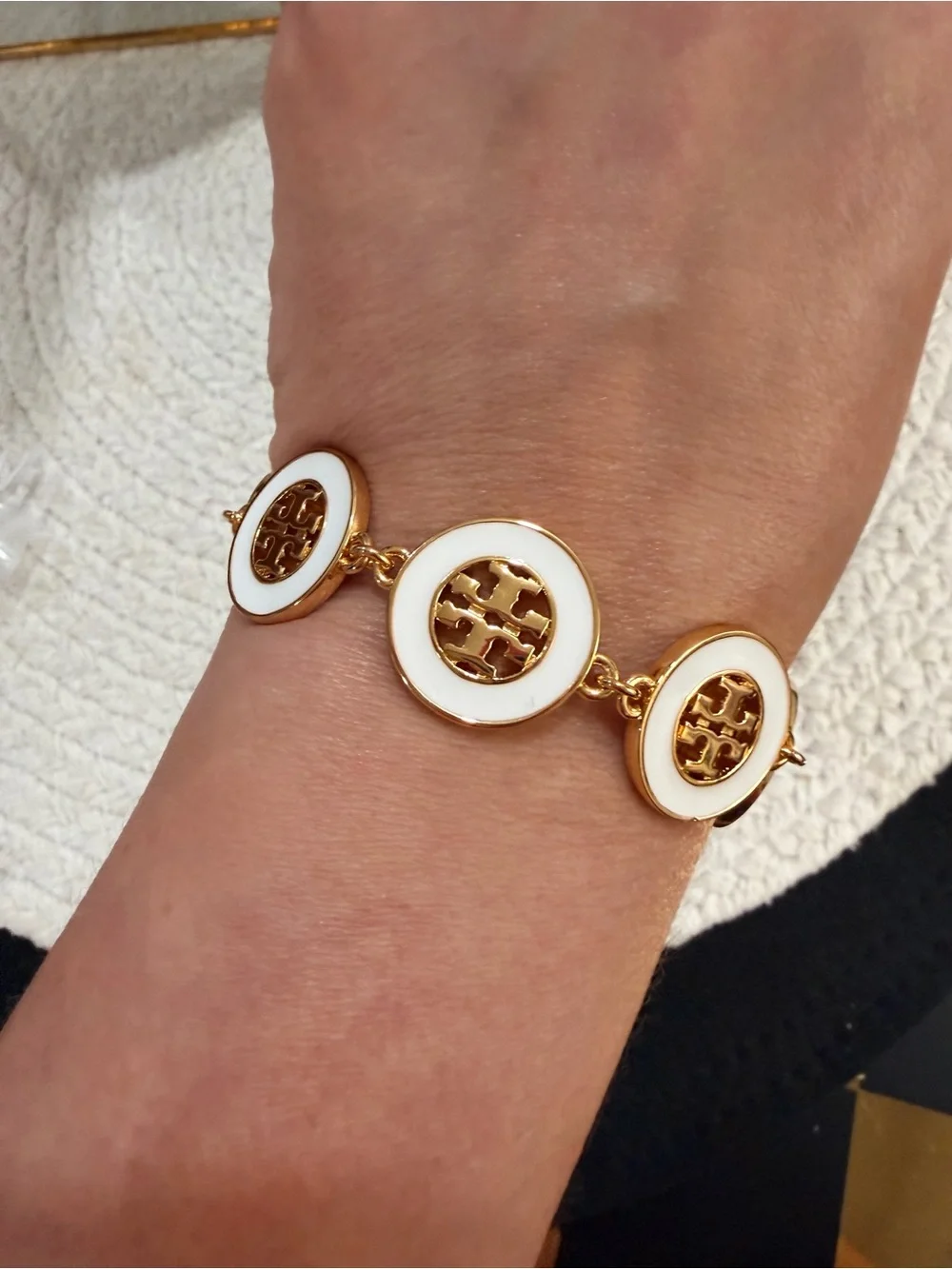 Tory Burch White Enamel Gold Hollow Round Bracelet | New with dust bag